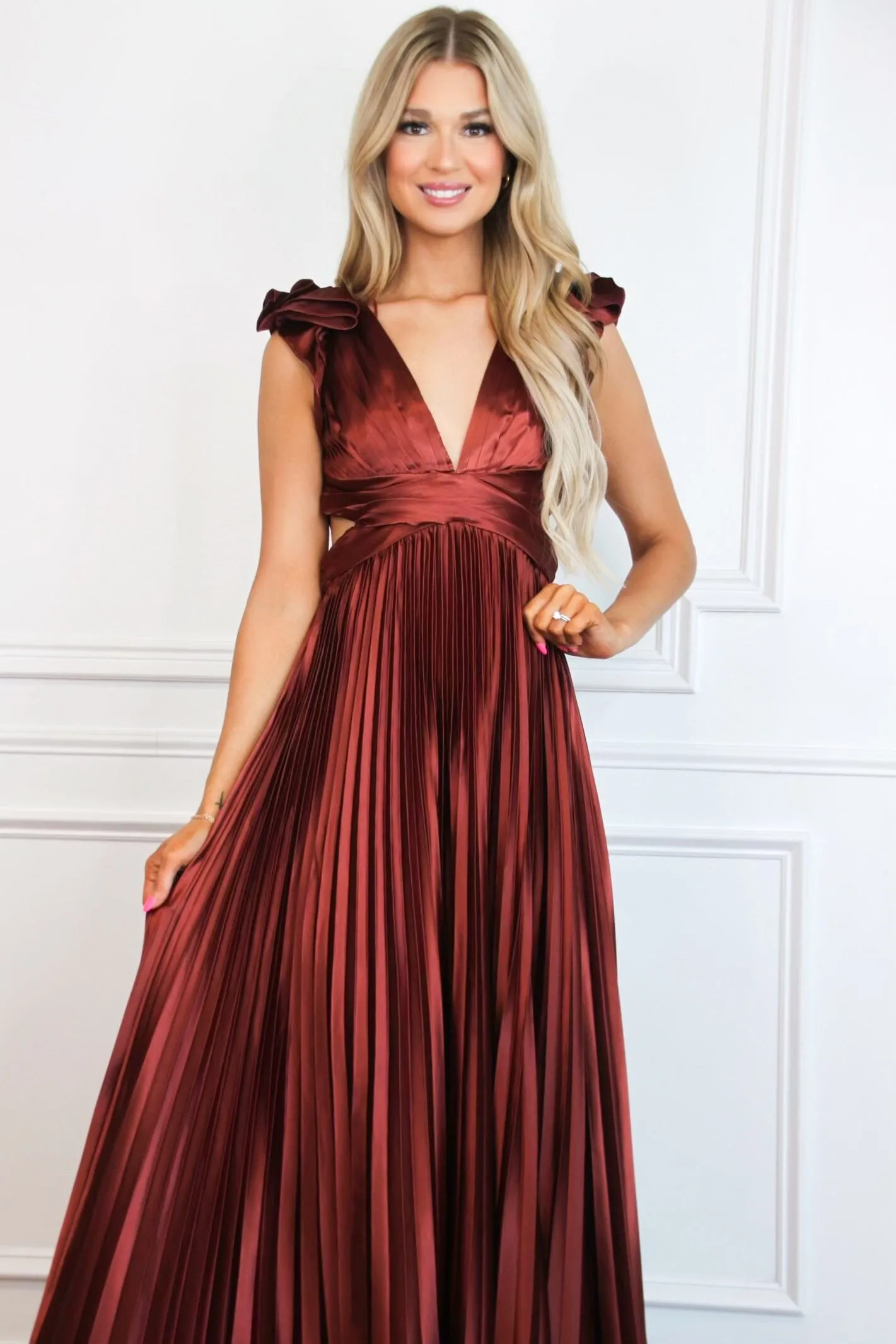 Somewhere With You Pleated Open Back Maxi Dress: Rust sold by Bella and Bloom product image thumbnail 3
