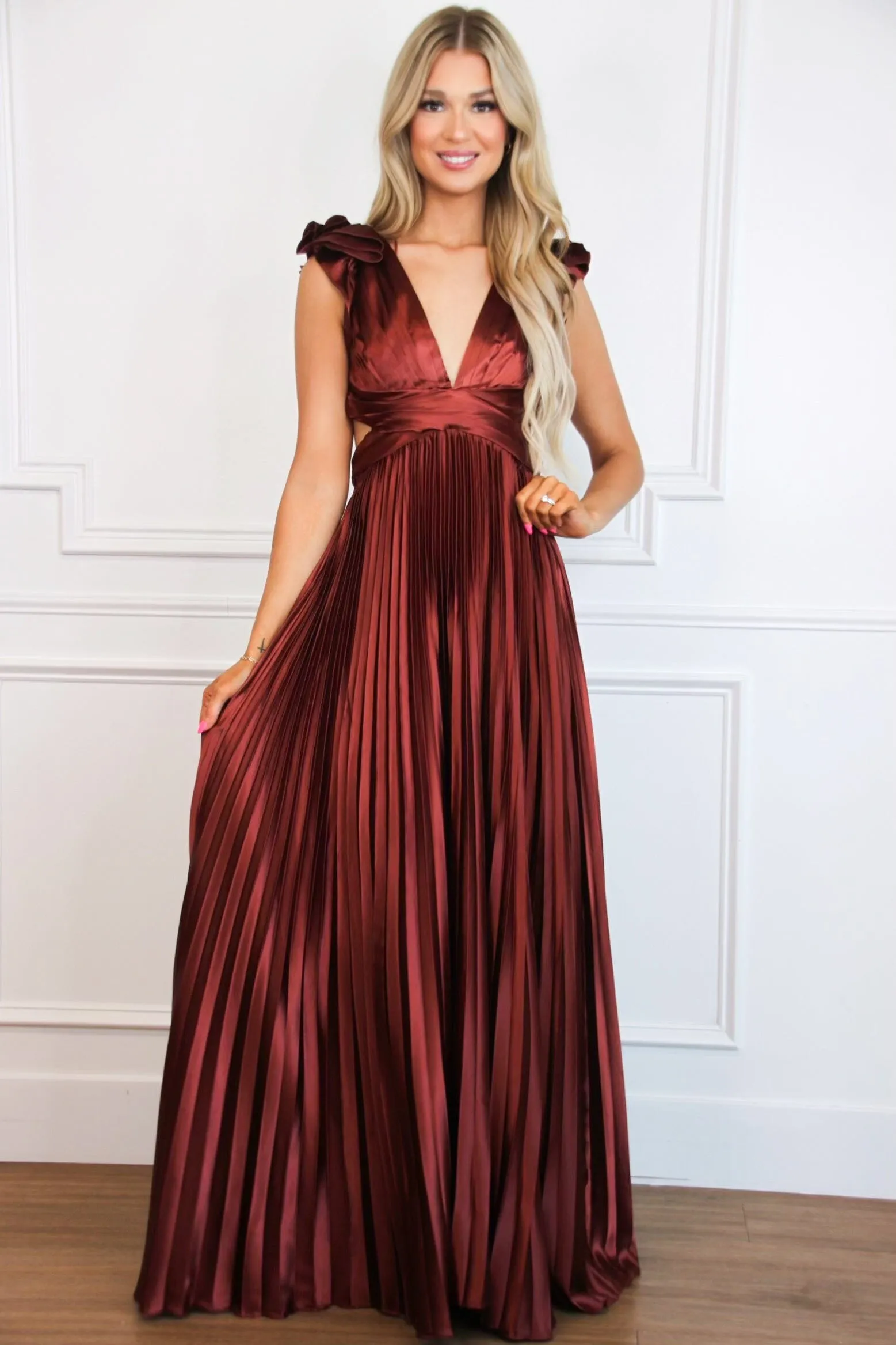Somewhere With You Pleated Open Back Maxi Dress: Rust sold by Bella and Bloom
