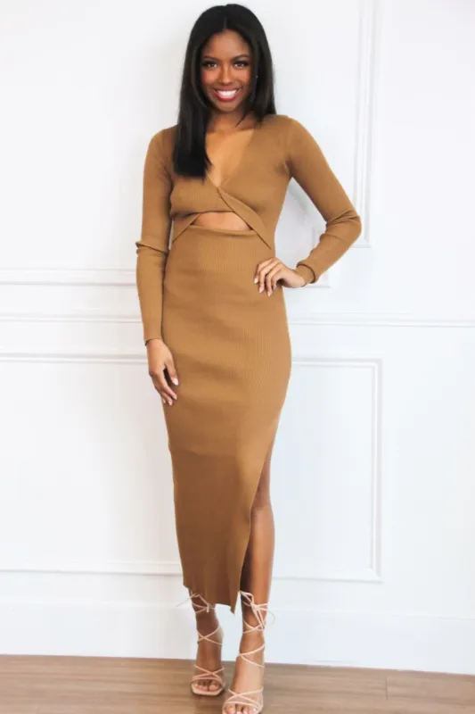 Modern Fall Cutout Ribbed Sweater Midi Dress: Mocha sold by Bella and Bloom