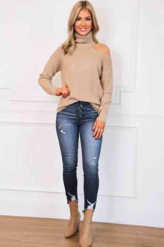Illicit Affairs Cutout Sweater: Taupe sold by Bella and Bloom