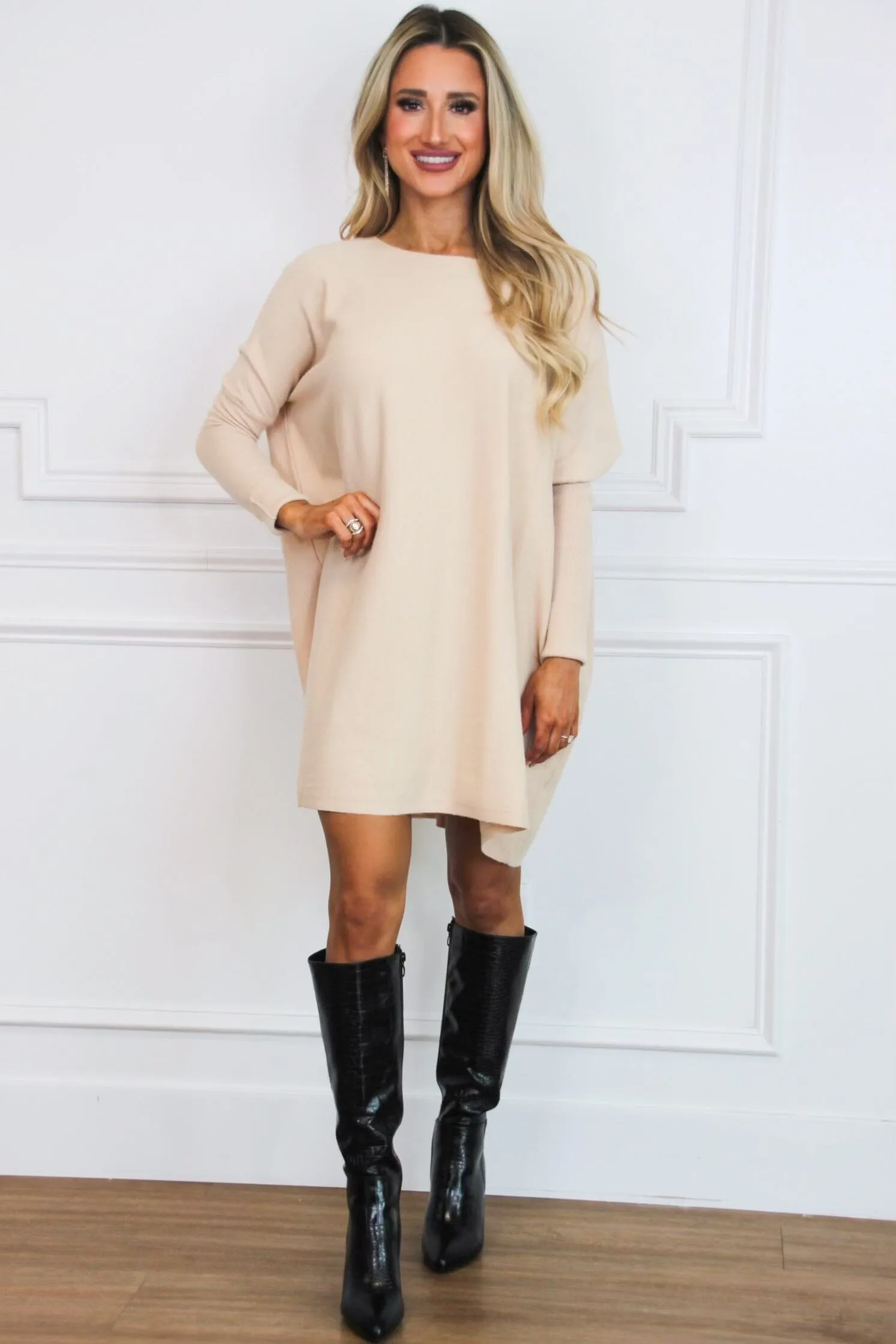 So Cozy Boat Neck Tunic Sweater: Beige sold by Bella and Bloom