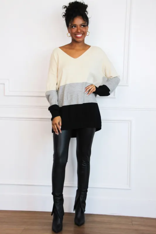 Double Dare Colorblock Stripe Oversized Sweater: Black Multi sold by Bella and Bloom