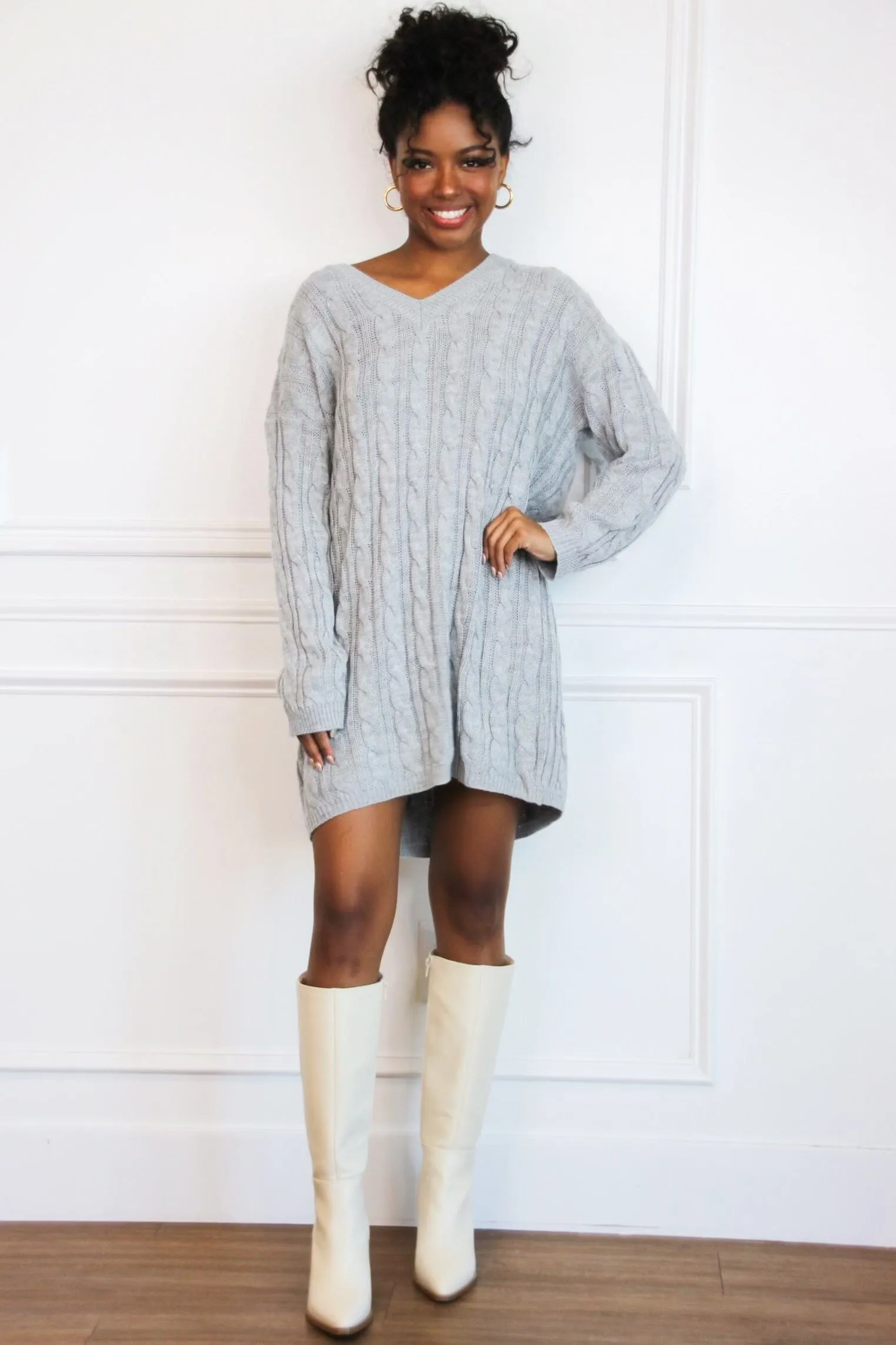 Autumn Comfort V Neck Sweater Dress: Heather Gray sold by Bella and Bloom