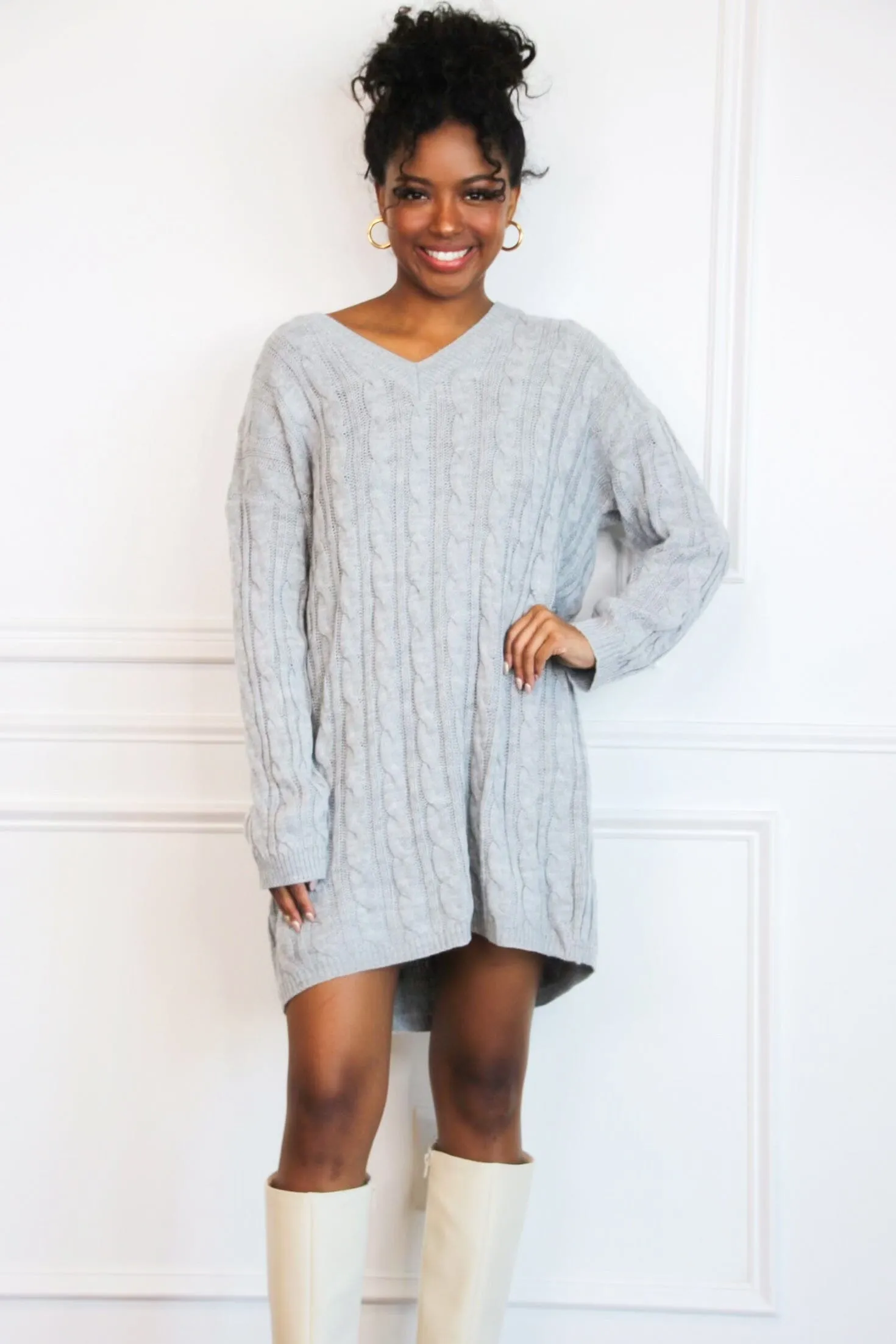 Autumn Comfort V Neck Sweater Dress: Heather Gray sold by Bella and Bloom product image thumbnail 3