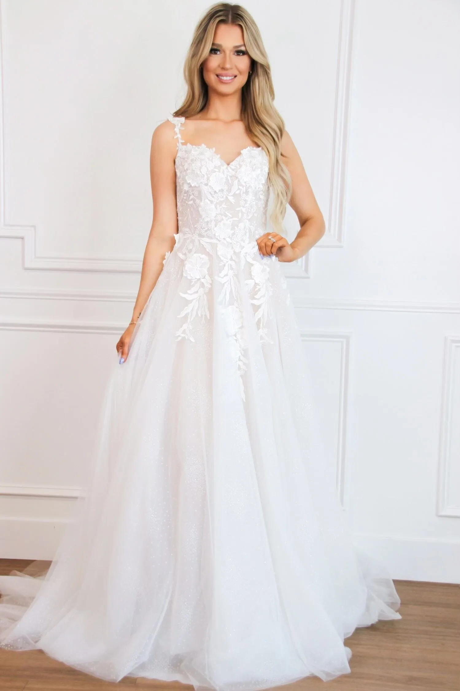 Posie Floral Applique Bustier A Line Sparkly Wedding Dress: Off White/Nude sold by Bella and Bloom