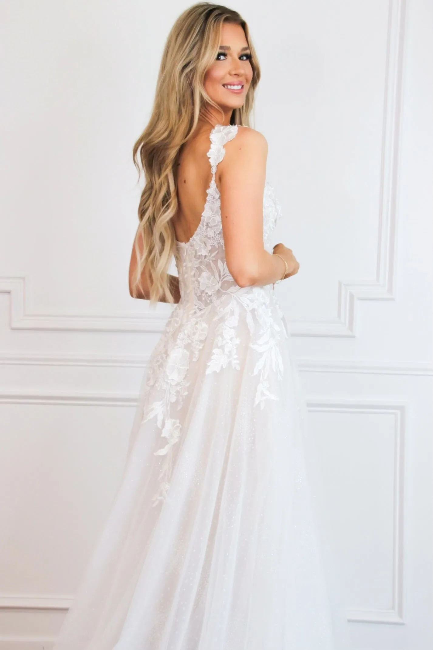 Posie Floral Applique Bustier A Line Sparkly Wedding Dress: Off White/Nude sold by Bella and Bloom product image thumbnail 5