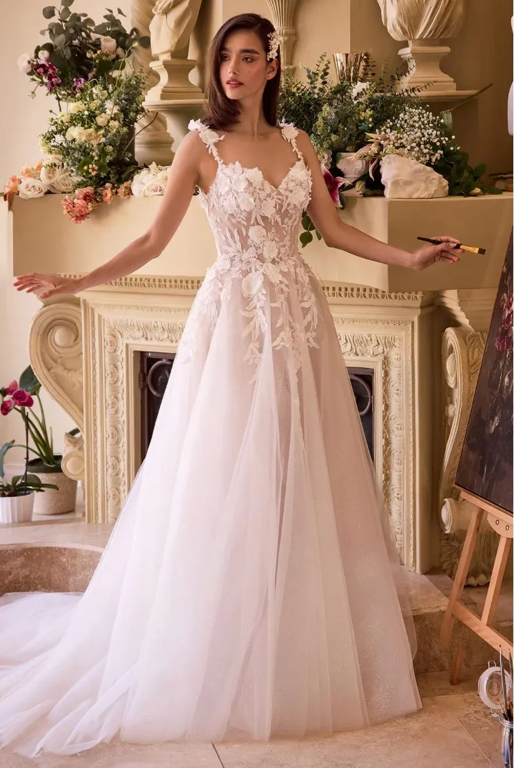 Posie Floral Applique Bustier A Line Sparkly Wedding Dress: Off White/Nude sold by Bella and Bloom product image thumbnail 2