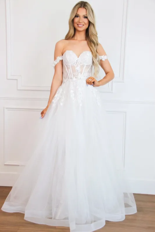 Nova Off Shoulder Bustier Floral Applique Tulle Wedding Dress: French White sold by Bella and Bloom