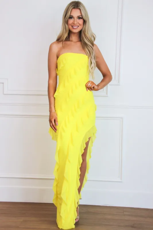 Silvana Strapless Ruffle Maxi Dress: Yellow sold by Bella and Bloom