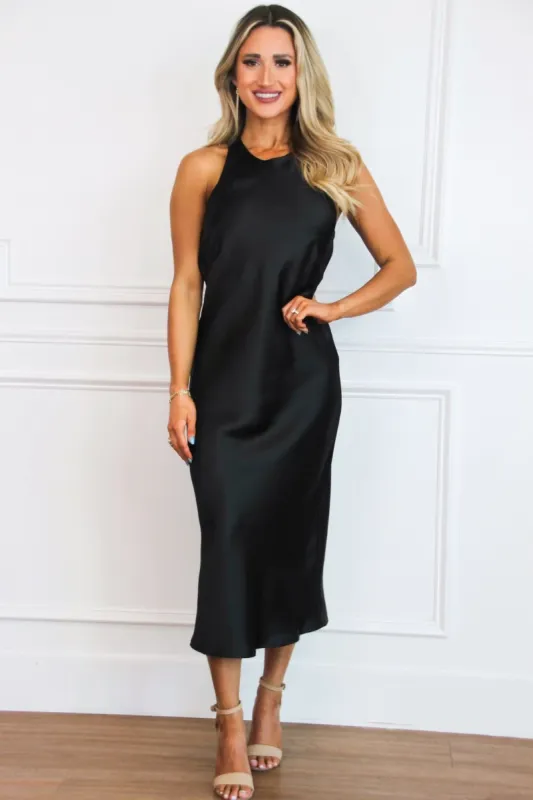 Cely High Neck Satin Midi Dress: Black sold by Bella and Bloom