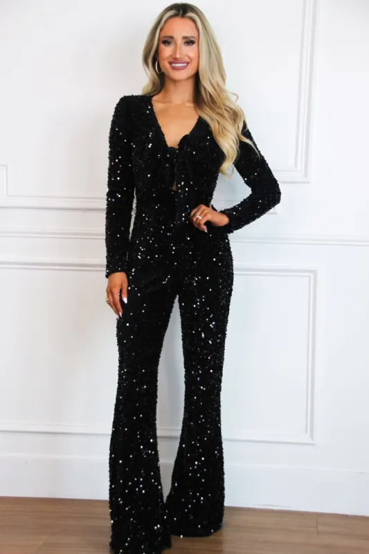 Meet Me There Sequin Tie Jumpsuit: Black sold by Bella and Bloom