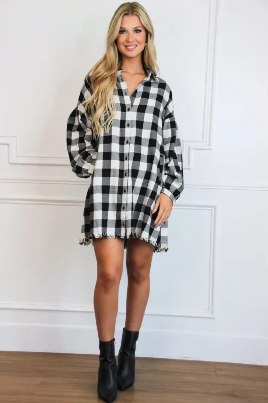 Pumpkin Patch Plaid Shirt Dress: Black/White sold by Bella and Bloom