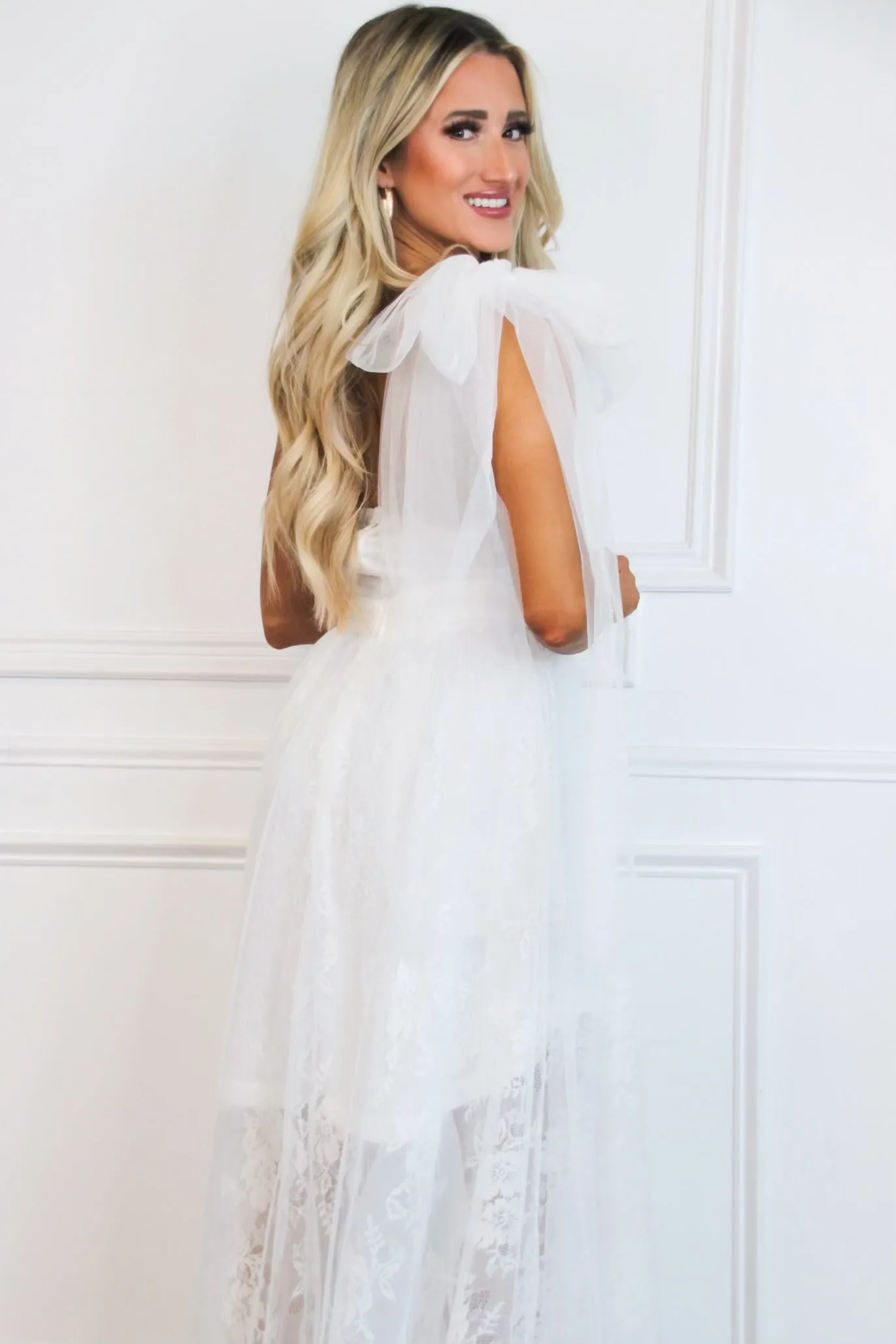 Stay Together One Shoulder Bow Lace High Low Maxi Dress: Ivory sold by Bella and Bloom product image thumbnail 2