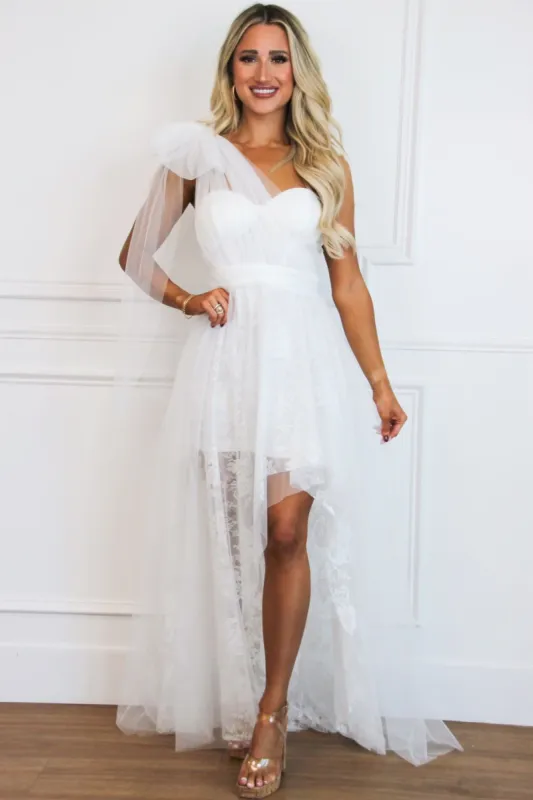Stay Together One Shoulder Bow Lace High Low Maxi Dress: Ivory sold by Bella and Bloom