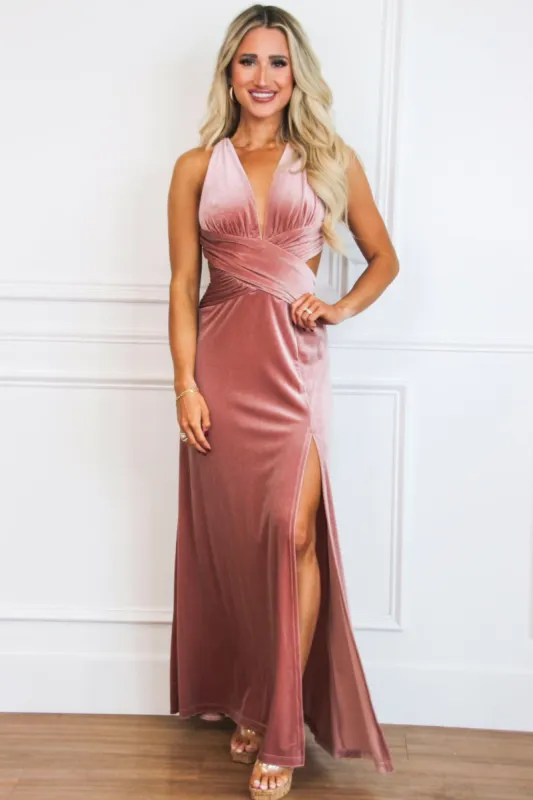 Back Appeal Open Back Maxi Dress: Mauve VELVET sold by Bella and Bloom