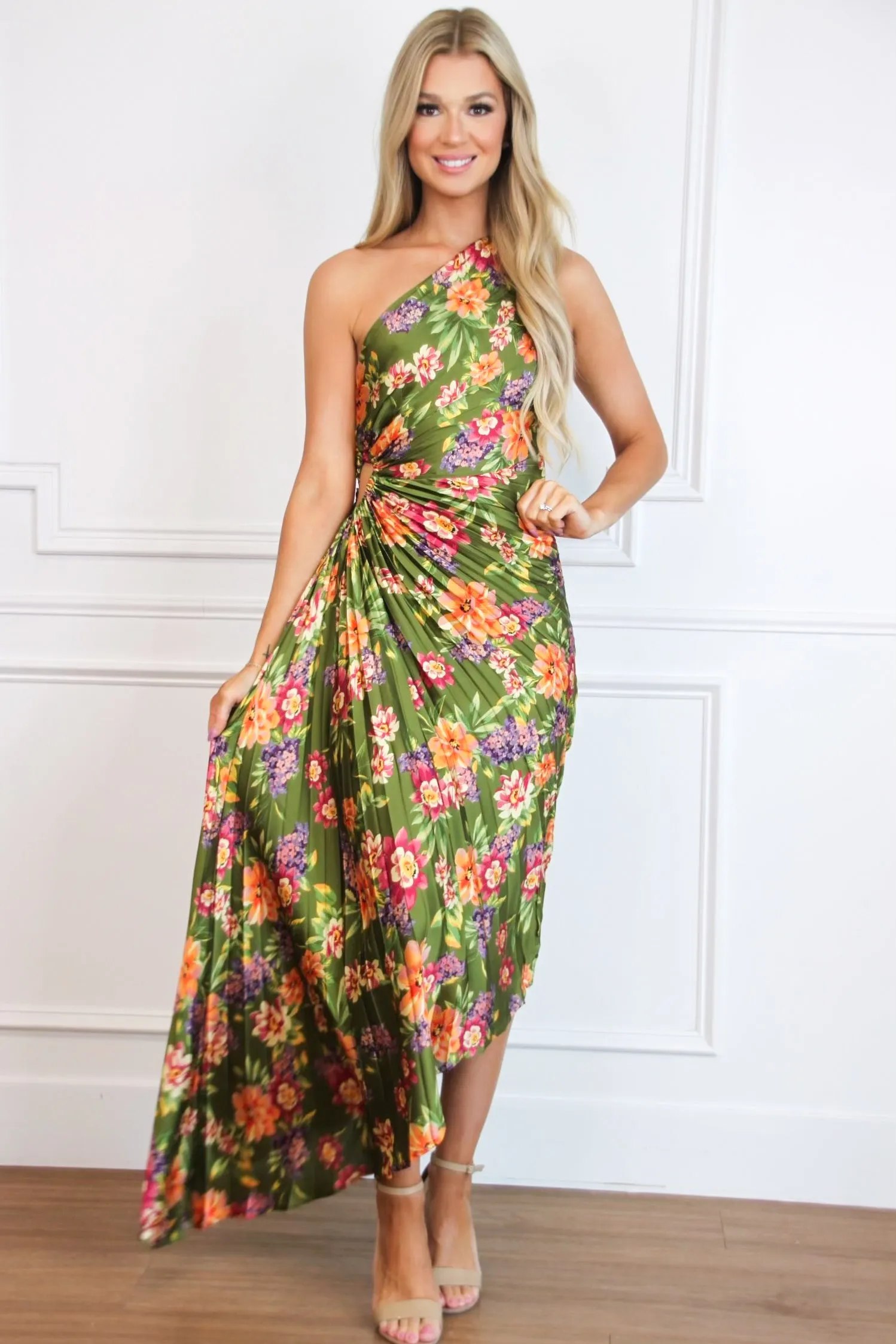Novelle One Shoulder Pleated Asymmetrical Maxi Dress: Olive Floral sold by Bella and Bloom