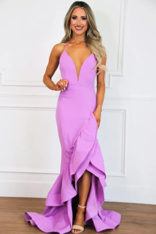 Keep Me in Mind Ruffle Maxi Dress: Lavender sold by Bella and Bloom