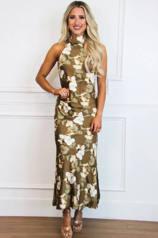 Ivy High Neck Satin Floral Maxi Dress: Brown/Olive sold by Bella and Bloom