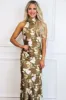 Ivy High Neck Satin Floral Maxi Dress: Brown/Olive sold by Bella and Bloom