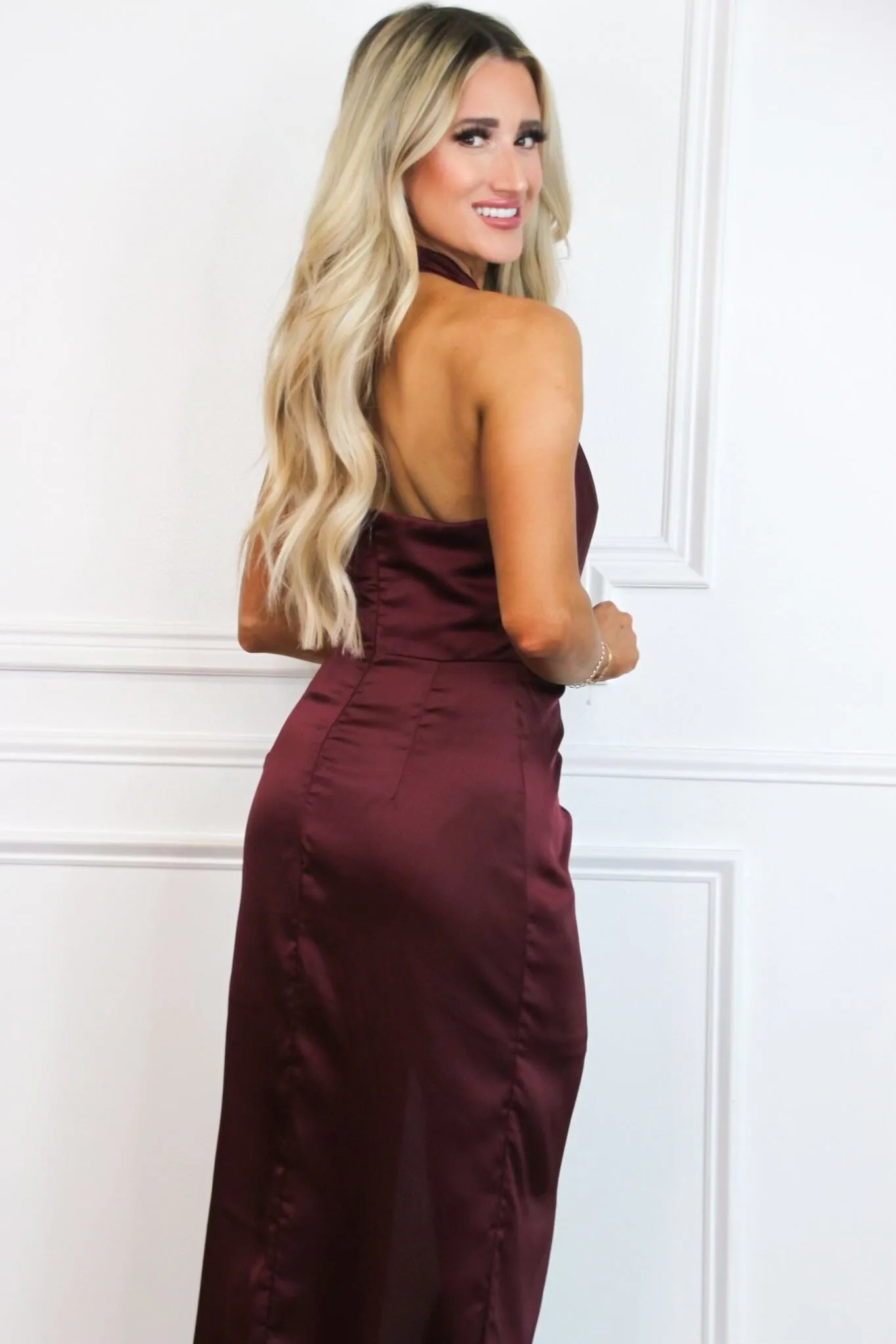 Jenny High Neck Satin Maxi Dress: Wine sold by Bella and Bloom product image thumbnail 3