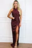 Jenny High Neck Satin Maxi Dress: Wine sold by Bella and Bloom