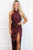 Jenny High Neck Satin Maxi Dress: Wine sold by Bella and Bloom