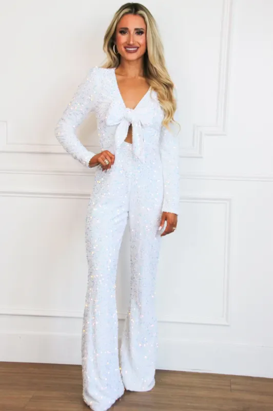 Meet Me There Sequin Tie Jumpsuit: Opal Iridescent sold by Bella and Bloom