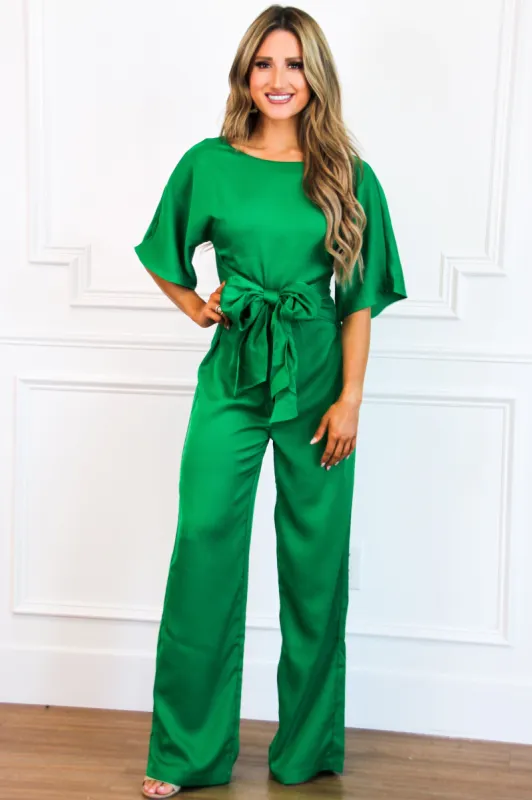 Tied to You Jumpsuit: Kelly Green sold by Bella and Bloom