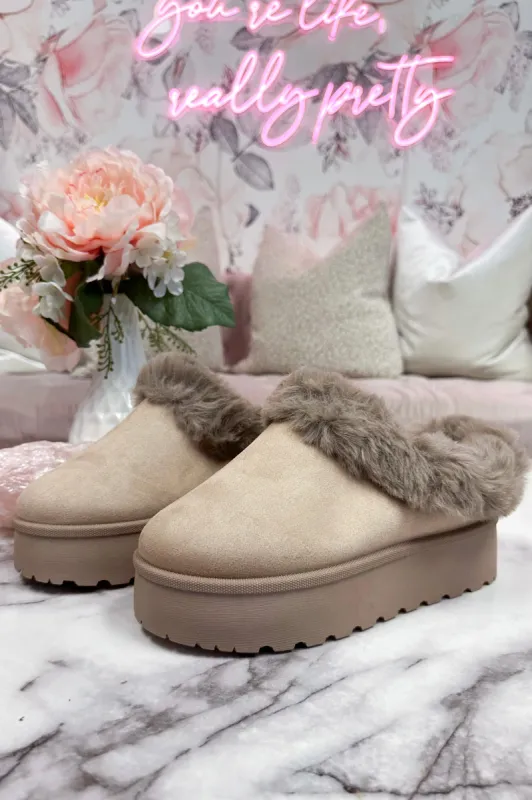 Brigham Fur Lined Platform Clog Slides: Taupe sold by Bella and Bloom