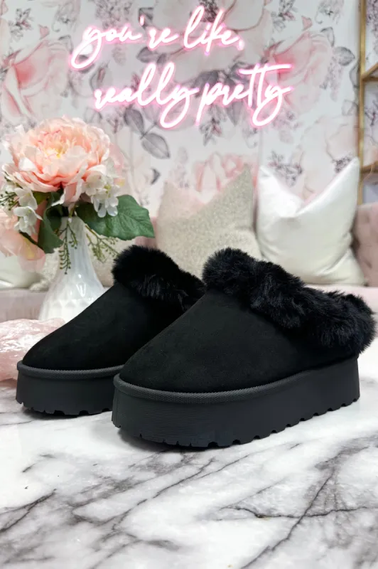 Brigham Fur Lined Platform Clog Slides: Black sold by Bella and Bloom