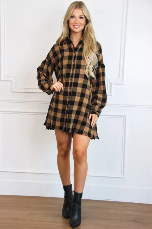 Pumpkin Patch Plaid Shirt Dress: Camel/Black sold by Bella and Bloom