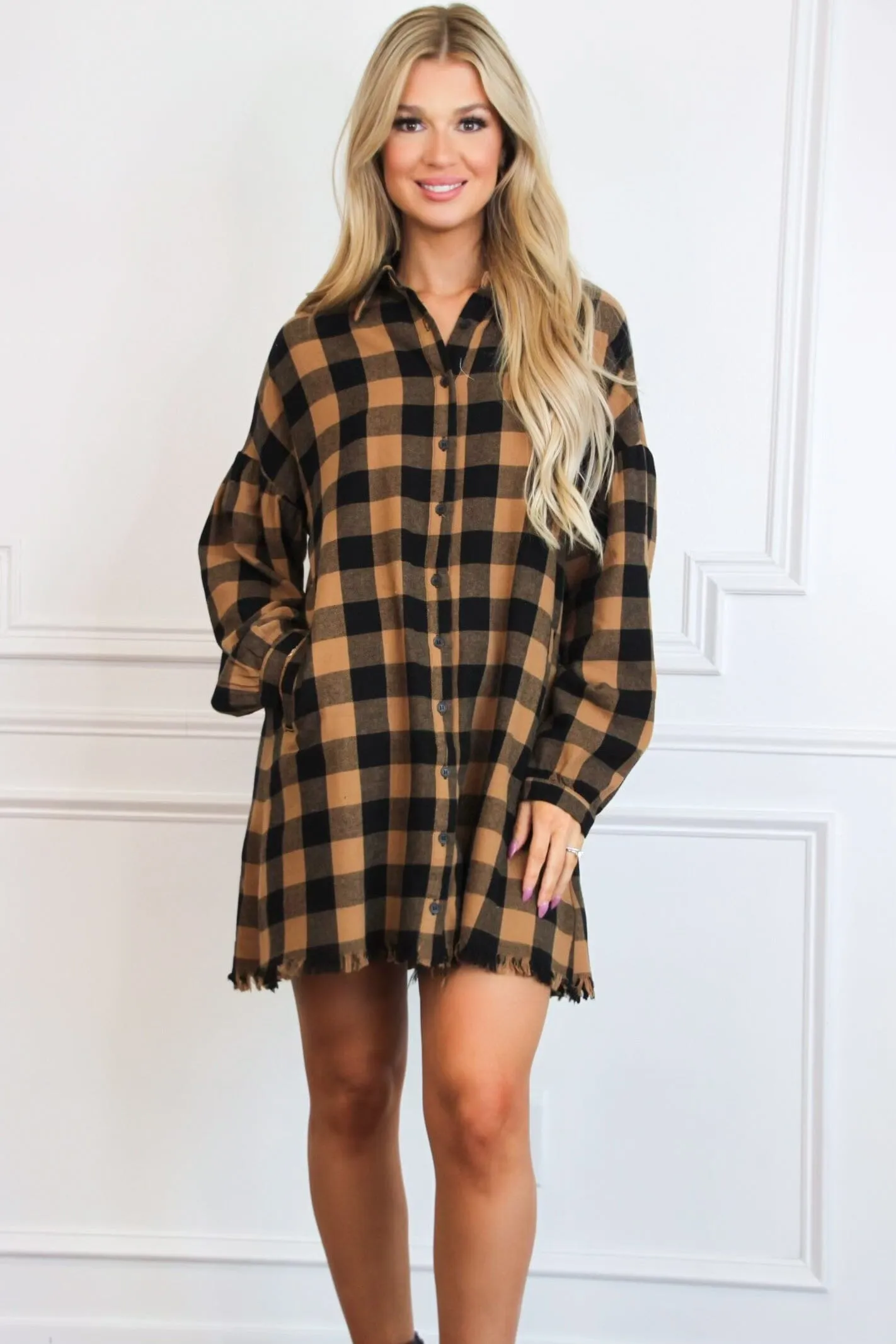 Pumpkin Patch Plaid Shirt Dress: Camel/Black sold by Bella and Bloom product image thumbnail 3
