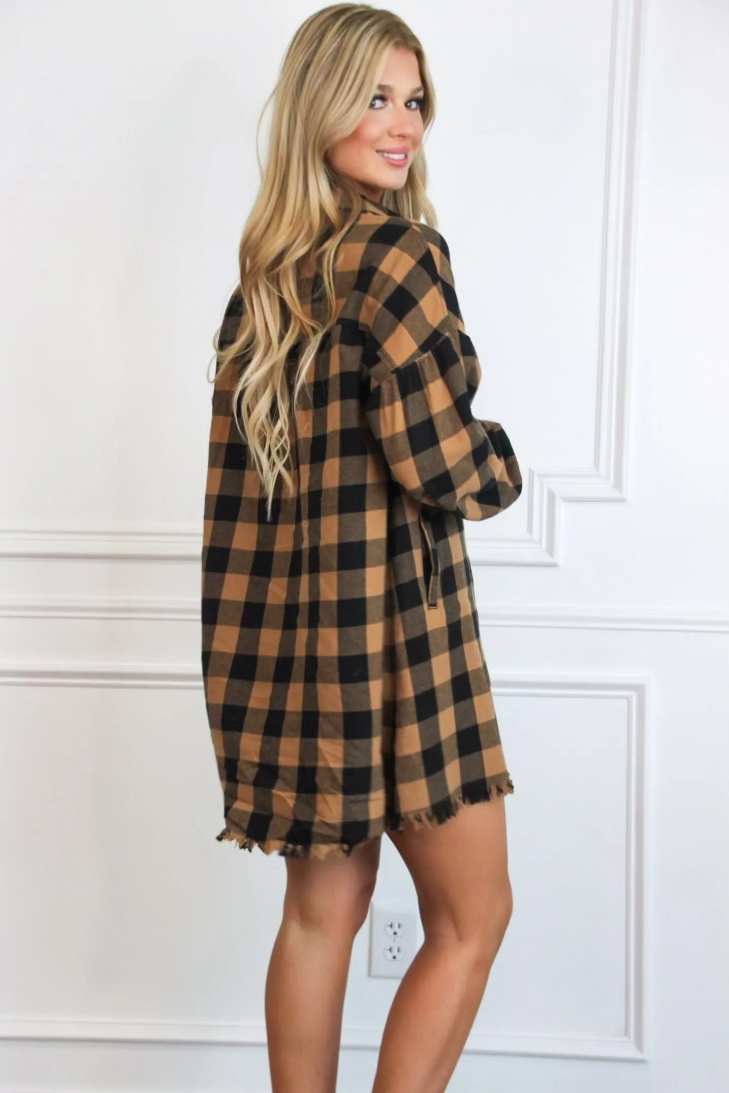 Pumpkin Patch Plaid Shirt Dress: Camel/Black sold by Bella and Bloom product image thumbnail 2