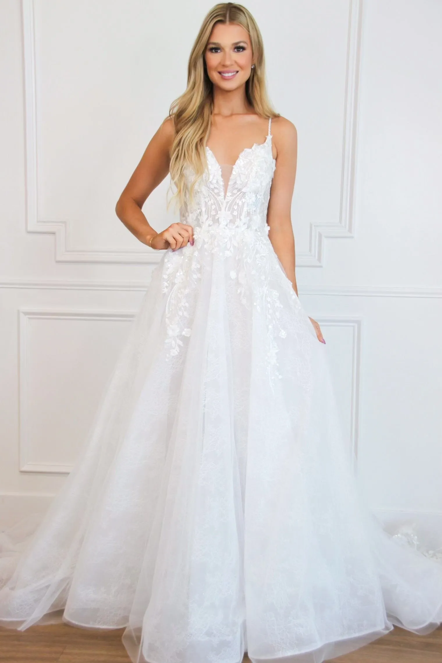 Perla Floral Applique Lace Wedding Dress: Off White sold by Bella and Bloom