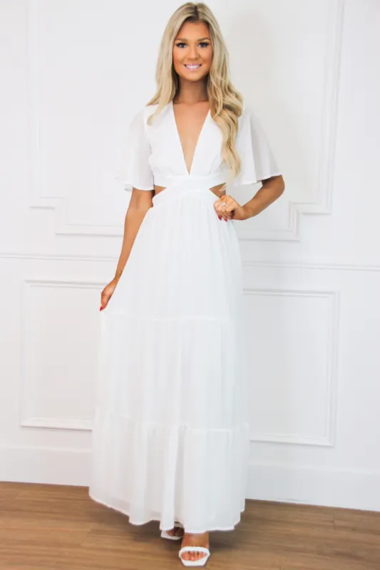 Come Away With Me Cutout Maxi Dress: White sold by Bella and Bloom