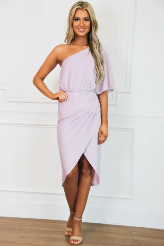Sweet Escape Sparkly One Shoulder Midi Dress: Lavender sold by Bella and Bloom