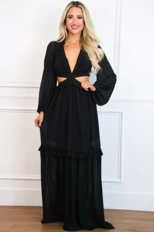 Elora Chiffon Maxi Dress: Black sold by Bella and Bloom
