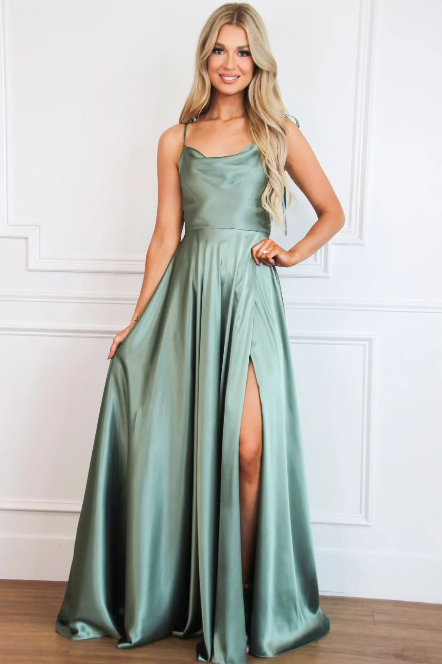 Tonight's the Night Satin Formal Dress: Moss Green sold by Bella and Bloom