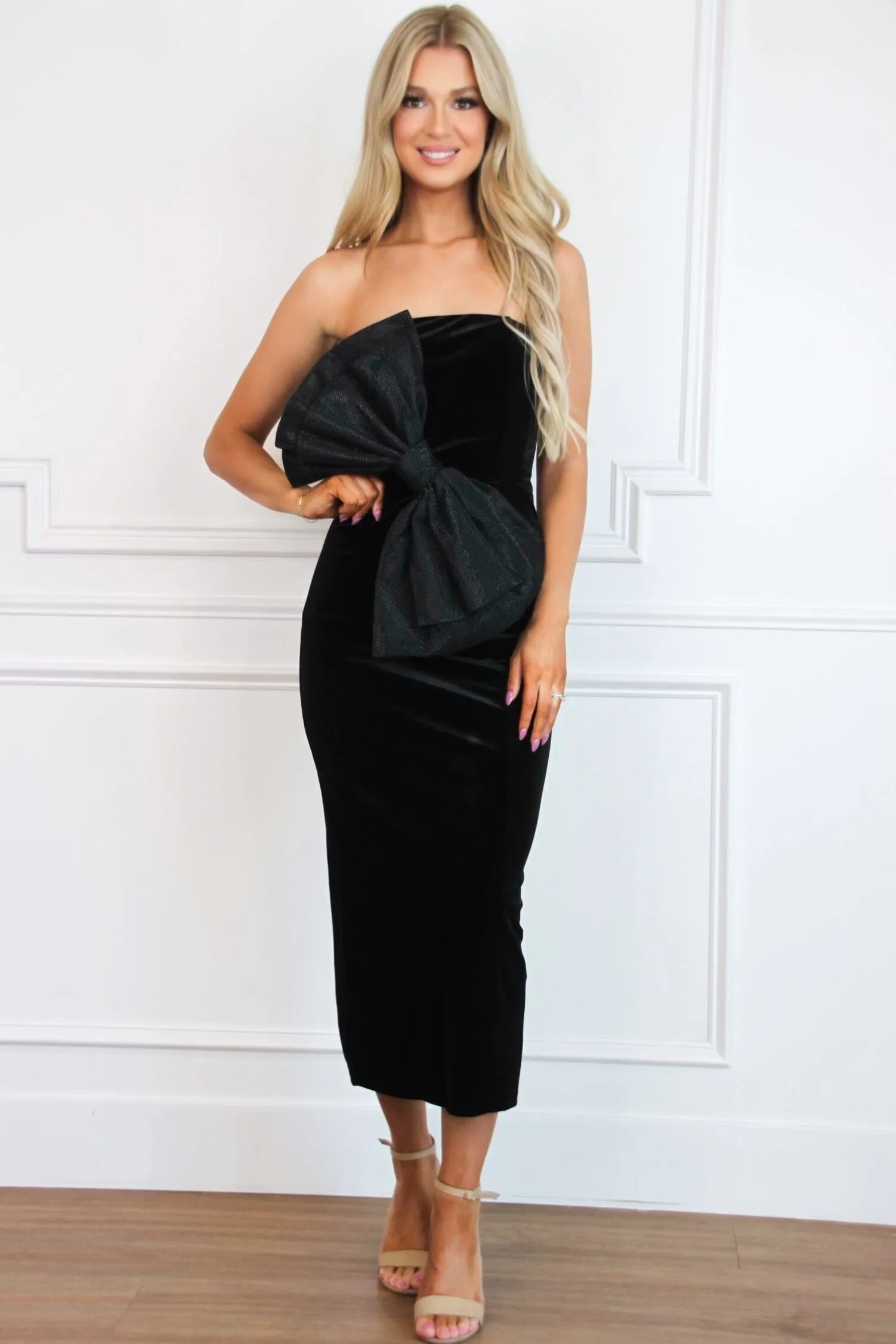 Clancy Oversized Bow Velvet Midi Dress: Black sold by Bella and Bloom