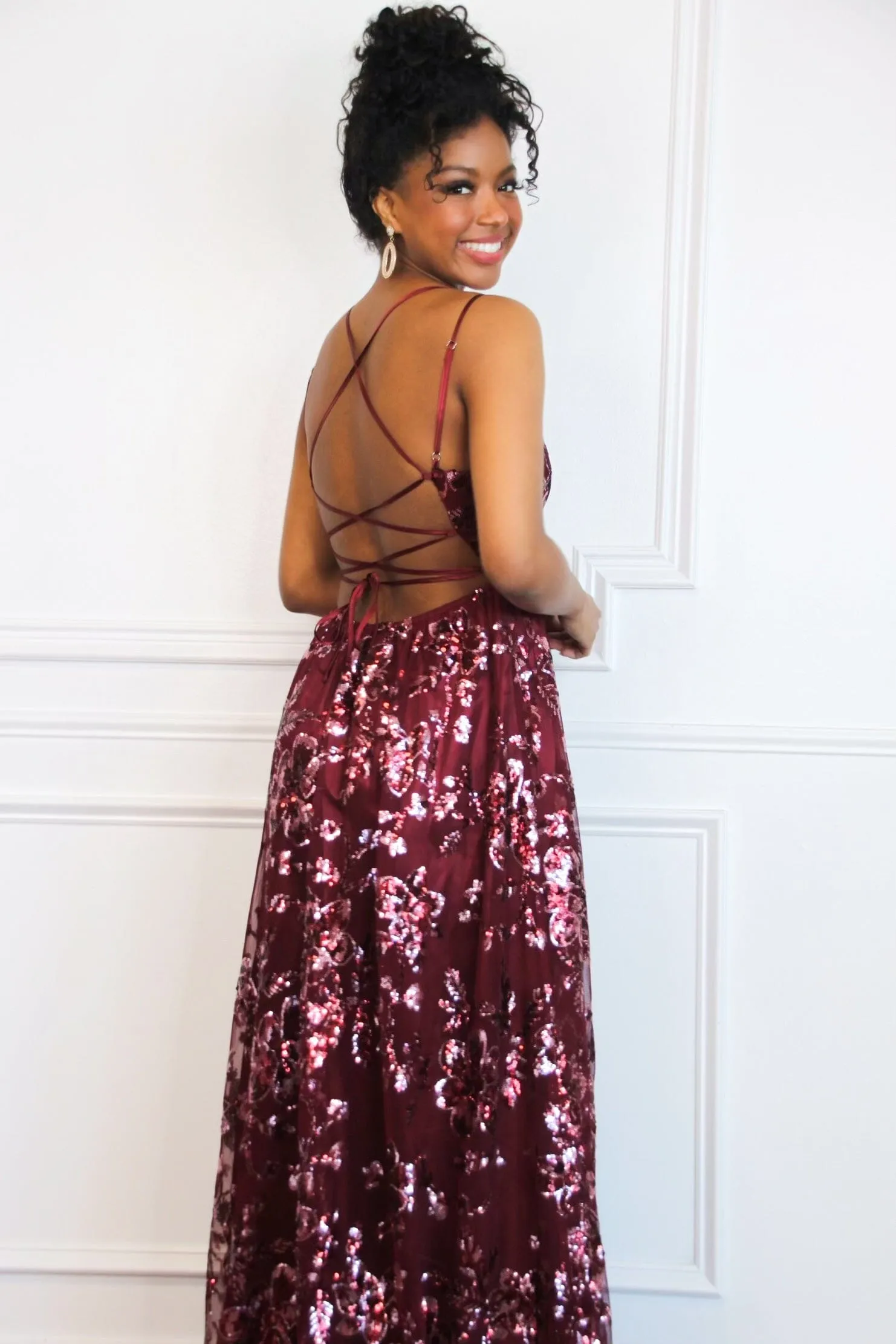 Maya Sequin Open Back Maxi Dress: Burgundy sold by Bella and Bloom product image thumbnail 2