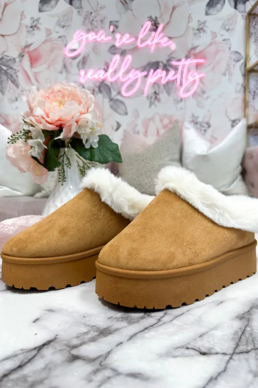 Brigham Fur Lined Platform Clog Slides: Tan sold by Bella and Bloom