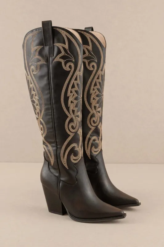 Astrid Knee High Cowboy Boots: Black/Brown sold by Bella and Bloom
