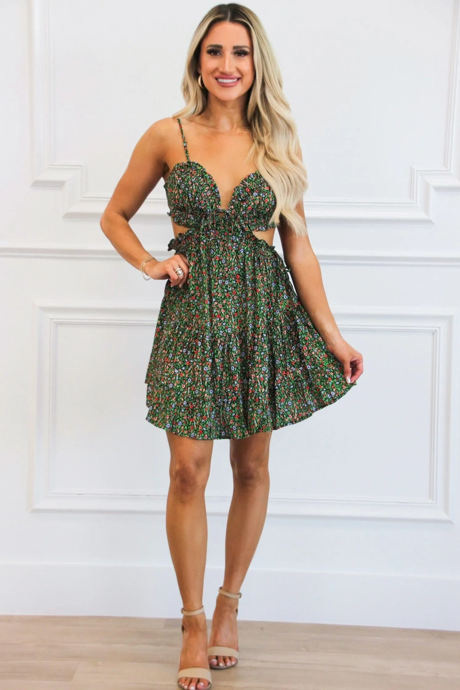 Jaimin Cutout Floral Mini Dress: Olive sold by Bella and Bloom