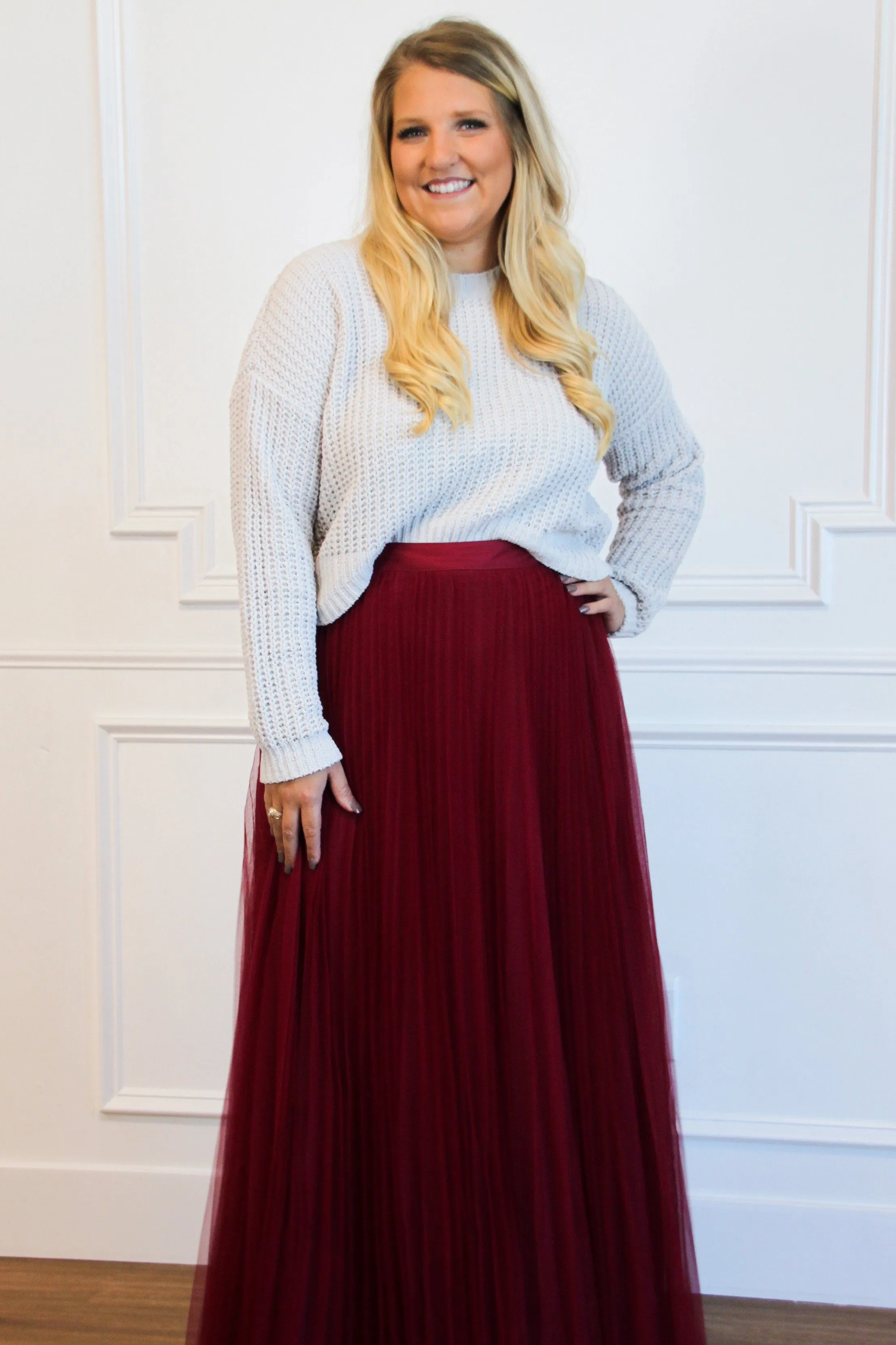 Fall Dreams Pleated Maxi Skirt: Burgundy sold by Bella and Bloom product image thumbnail 2