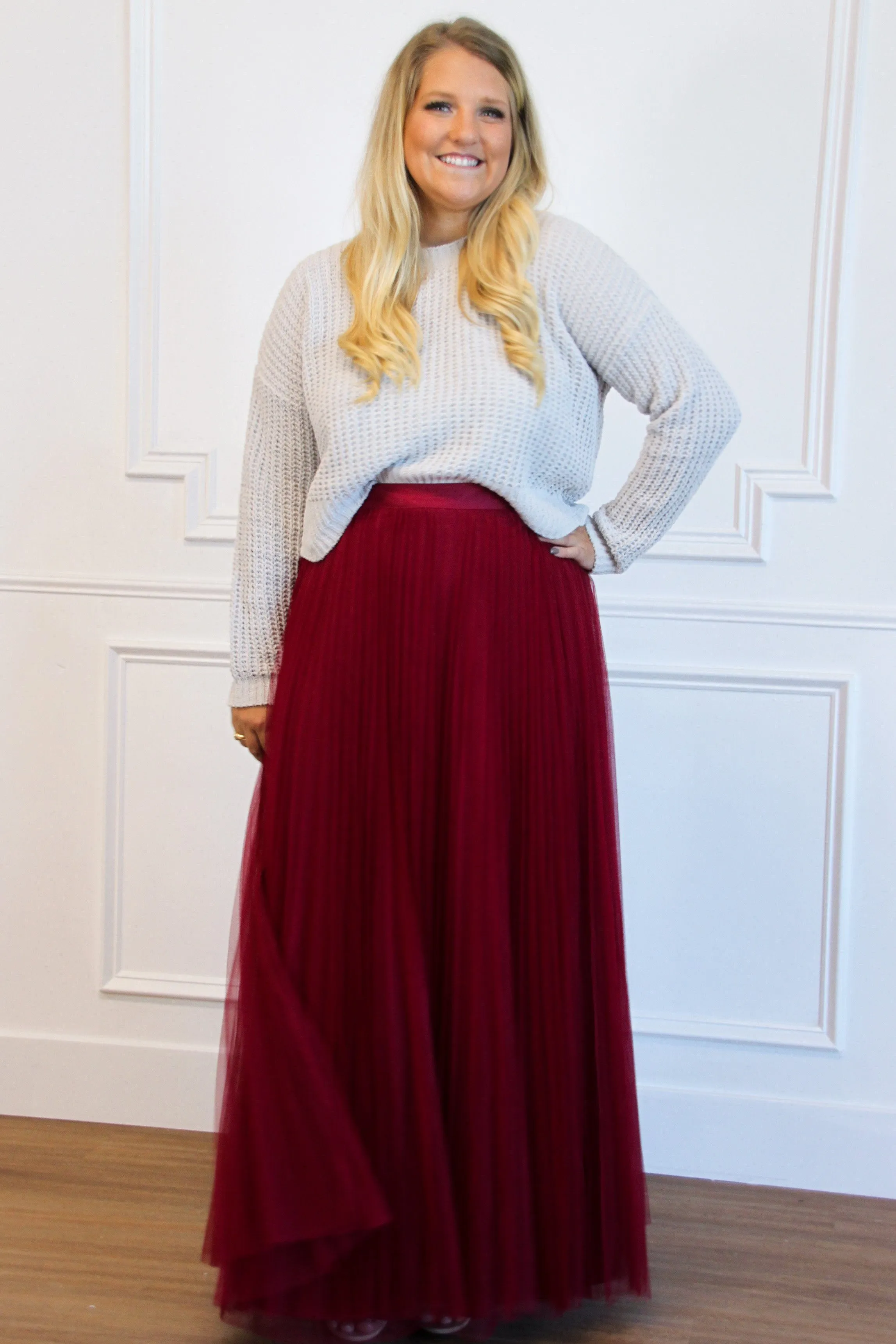 Fall Dreams Pleated Maxi Skirt: Burgundy sold by Bella and Bloom