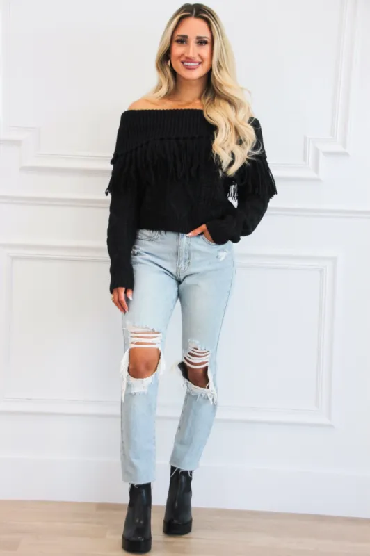 Let's Get Lost Off Shoulder Fringe Sweater: Black sold by Bella and Bloom