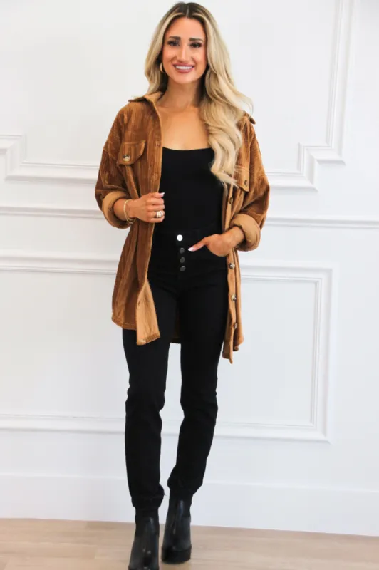 Cozy Soft Holidays Corduroy Button Down Tunic Dress: Camel sold by Bella and Bloom