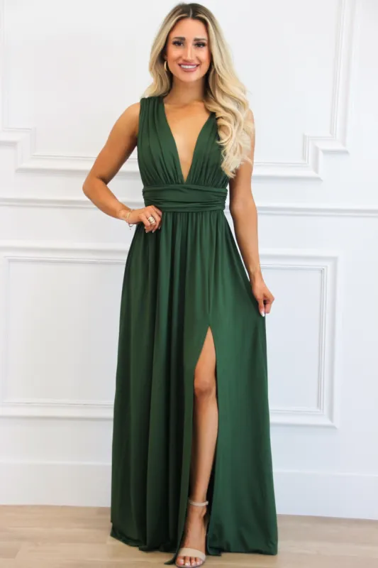 Selma V Neck Maxi Dress: Hunter Green sold by Bella and Bloom