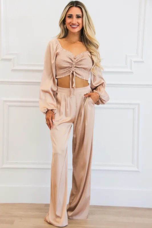 Caught Feelings Satin Two Piece Set: Champagne sold by Bella and Bloom