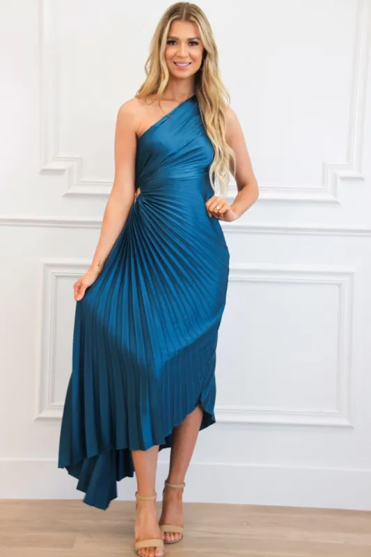Novelle One Shoulder Pleated Asymmetrical Maxi Dress: Sapphire Blue sold by Bella and Bloom